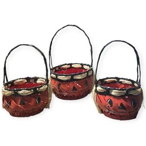 Festive Pumpkin Jack O Lantern Handpainted Basket Set - Orange and Black